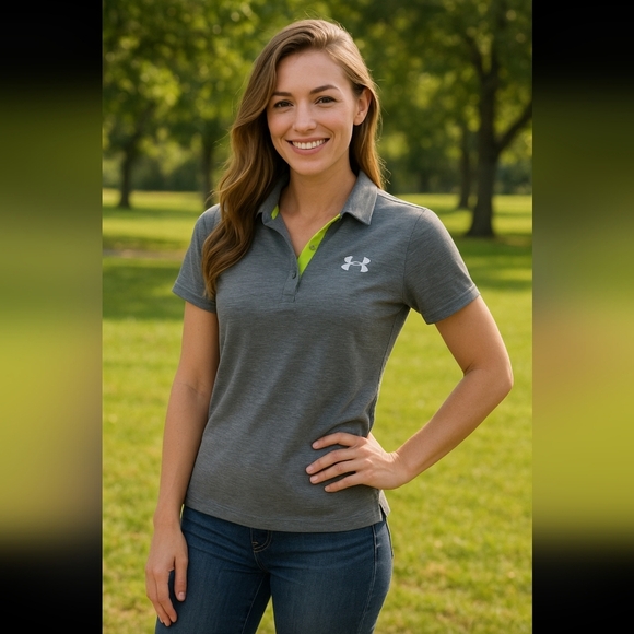 Under Armour Women's Heather Gray Polo with Bright Yellow Trim-Size Medium - Picture 1 of 3